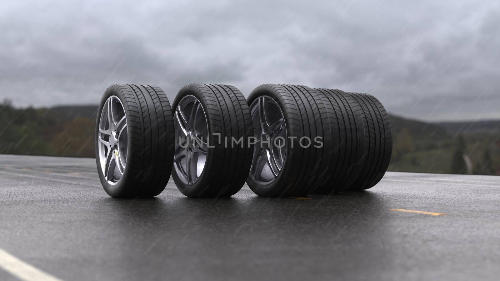 3d render car tires rolling on wet asphalt in the rain with a thunderstorm in 4k