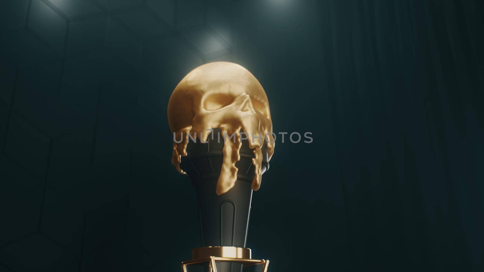 3d render gold Melting ice cream in the form of a skull by studiodav