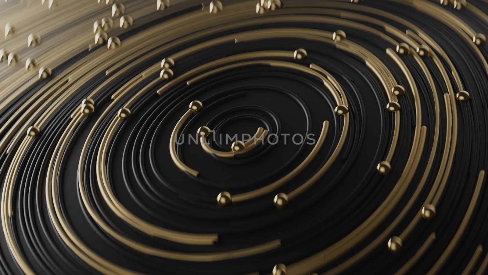 Curly golden and black abstract in circle lines together with particles on blurred bokeh background in 4k