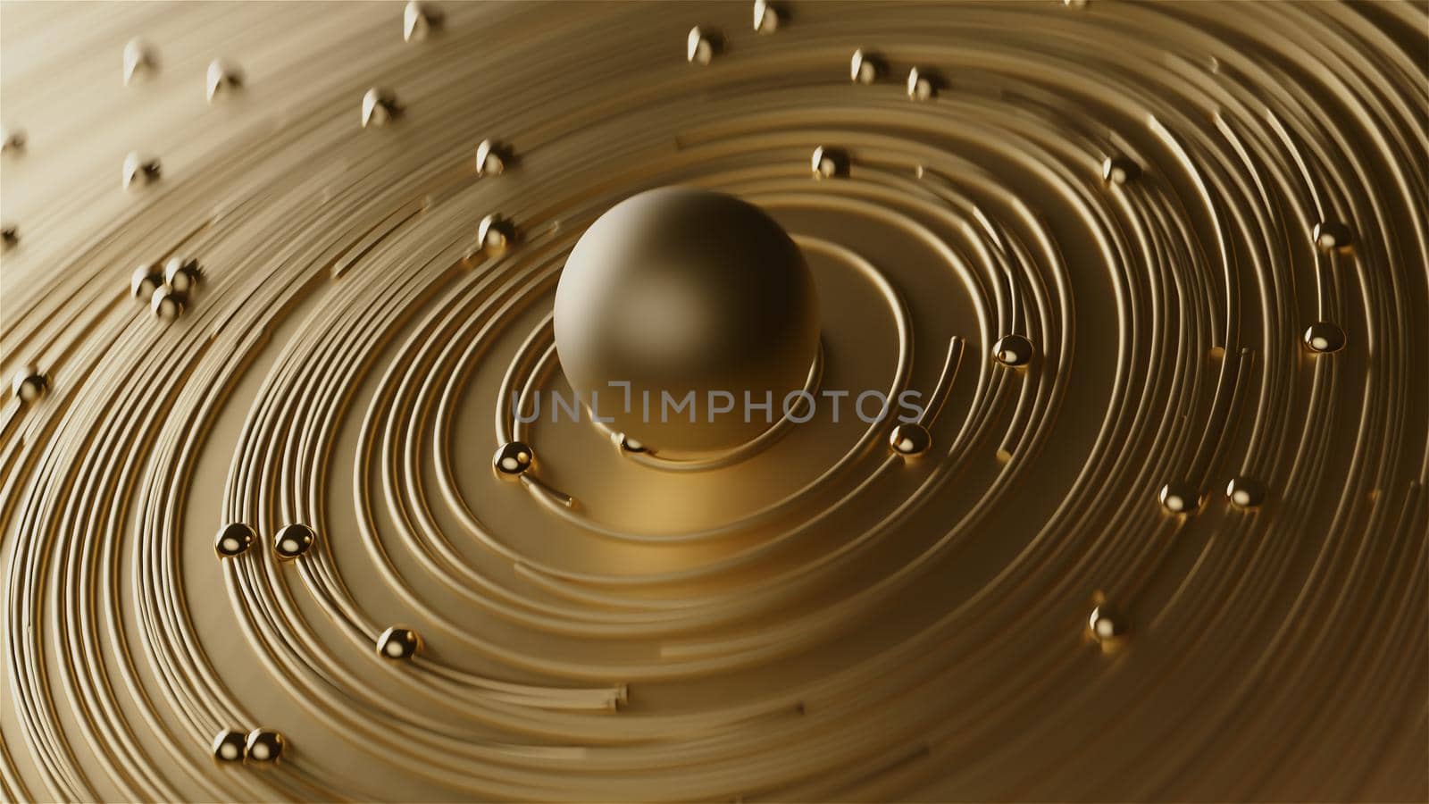 3d render Curly golden abstract in circle lines together with particles on blurred bokeh background by studiodav