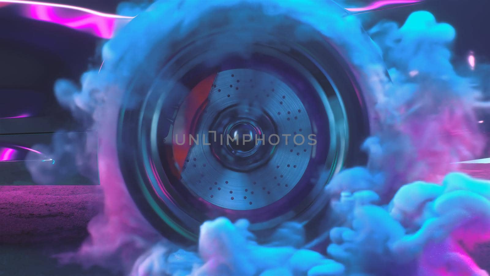 3d render Drift wheels with neon smoke cars in 4k