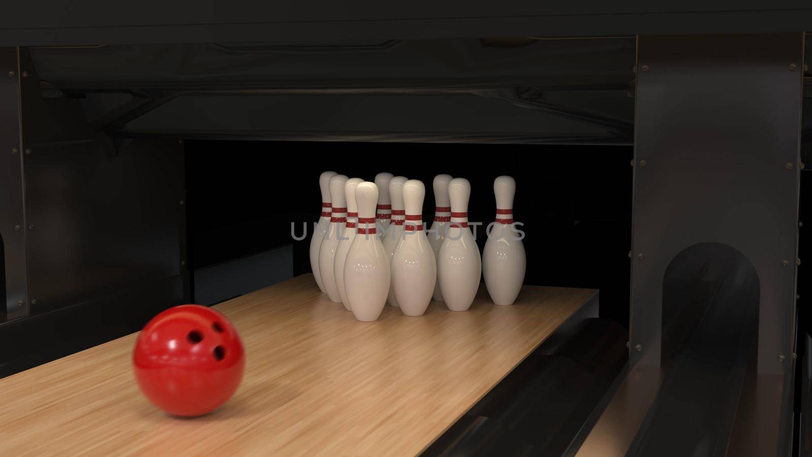 Red bowling ball on a wooden track with pins 4k