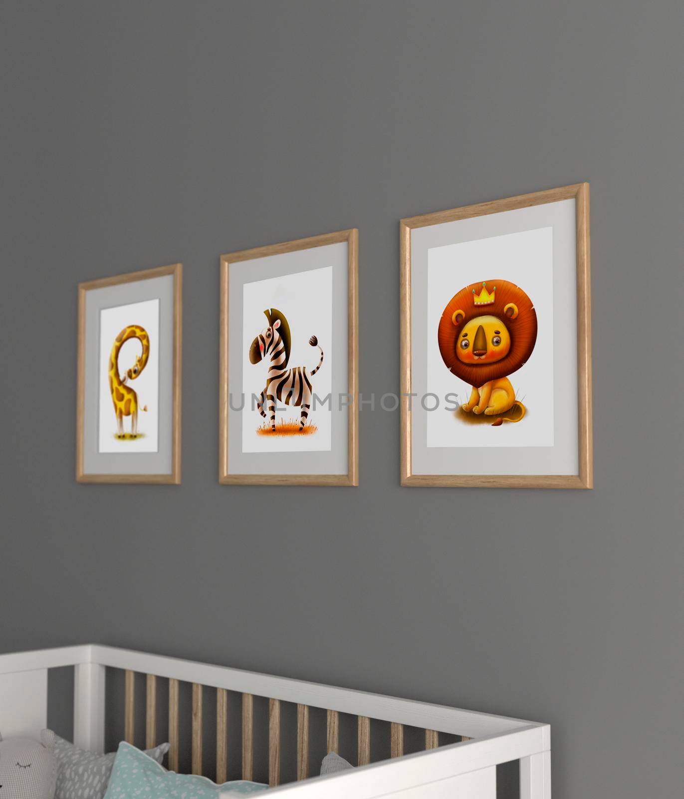 3d render Kids room with photo frames in 4k