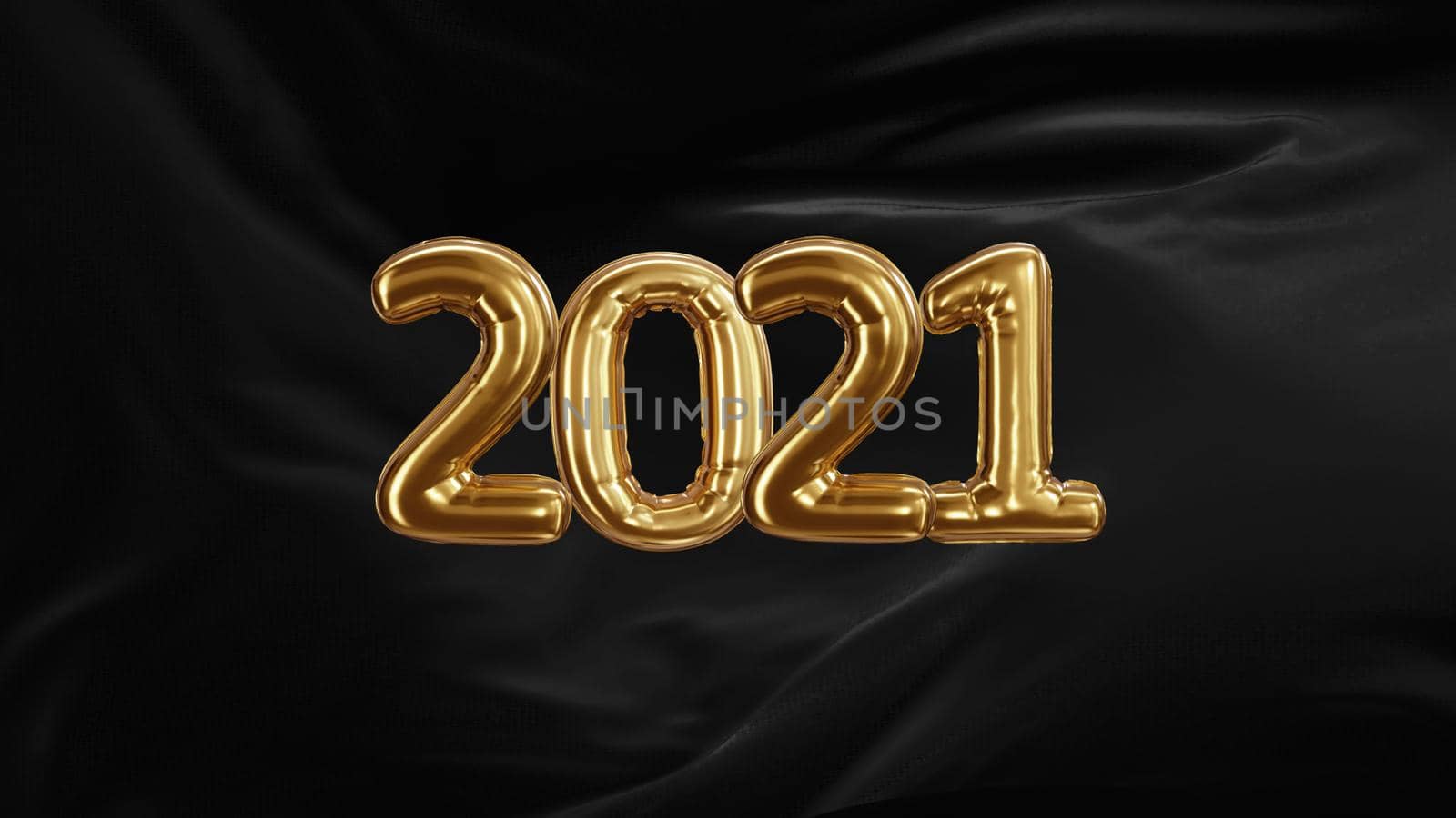 3d render Inscription 2021 from golden balloons of black silk developing fabric by studiodav