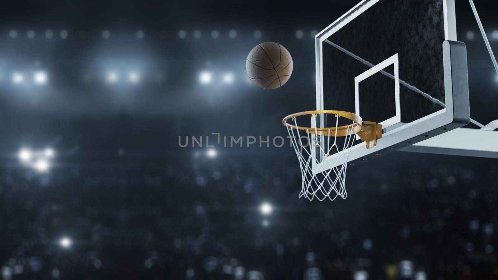 3d render Basketball hit the basket in slow motion on the background of flashes of cameras 4k