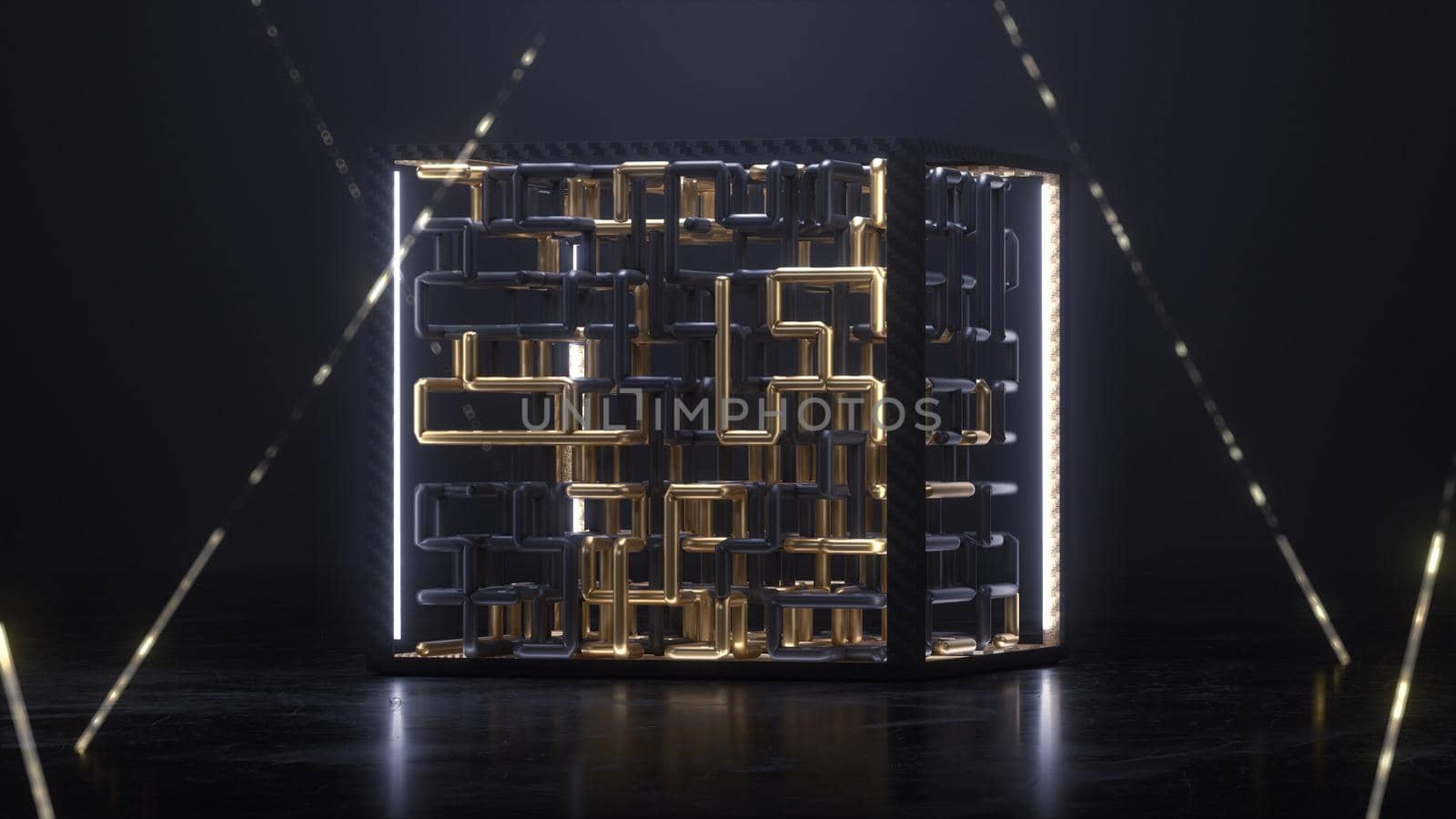 3d render cube with gold and black maze animation inside 4K