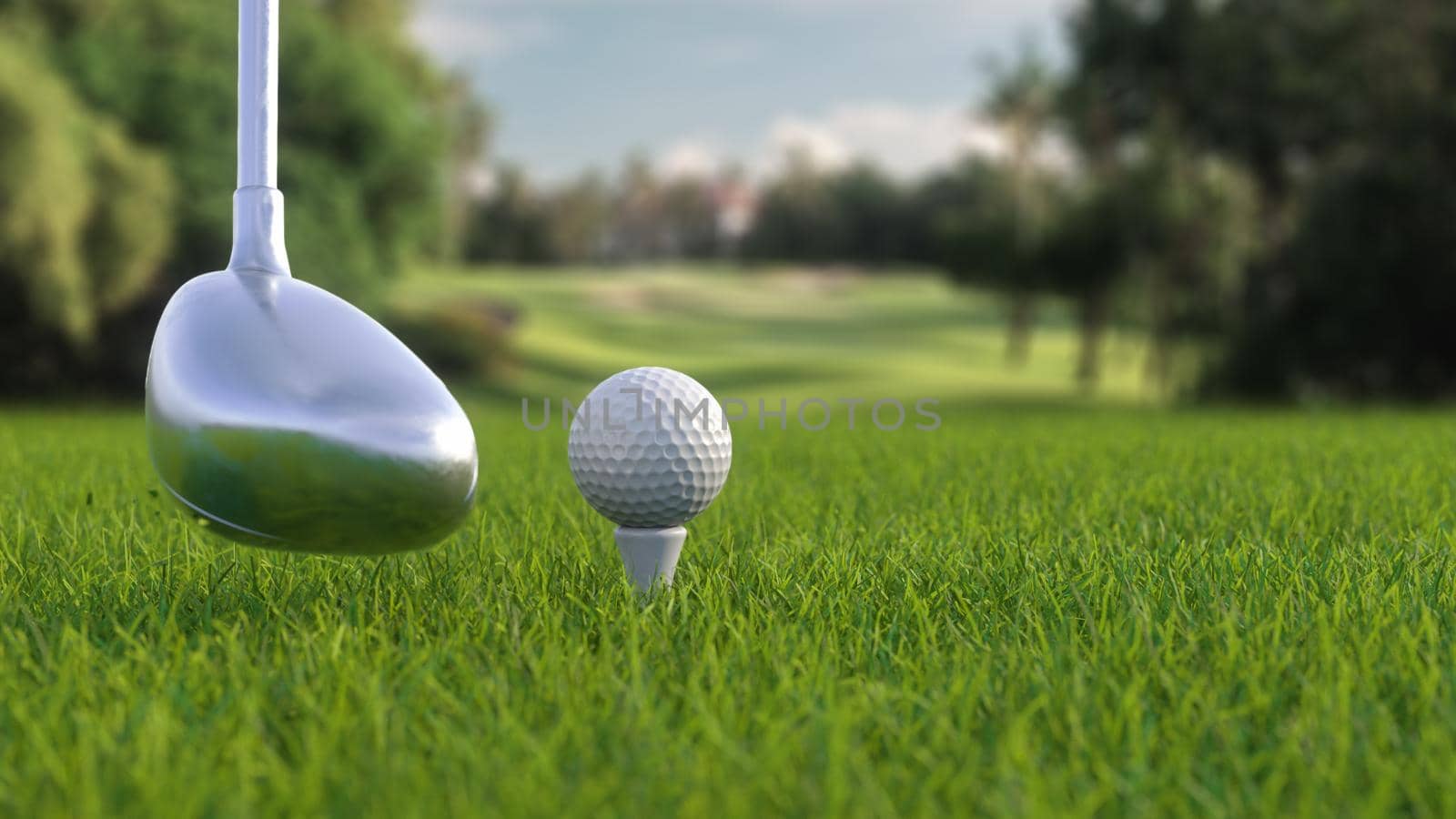 3d render hitting a golf ball with a club on the field side view in 4k