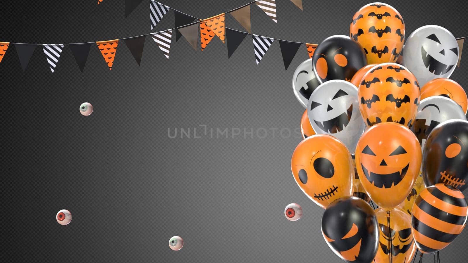 3d render Gray gradient background of halloween balloons hanging flags on a rope by studiodav