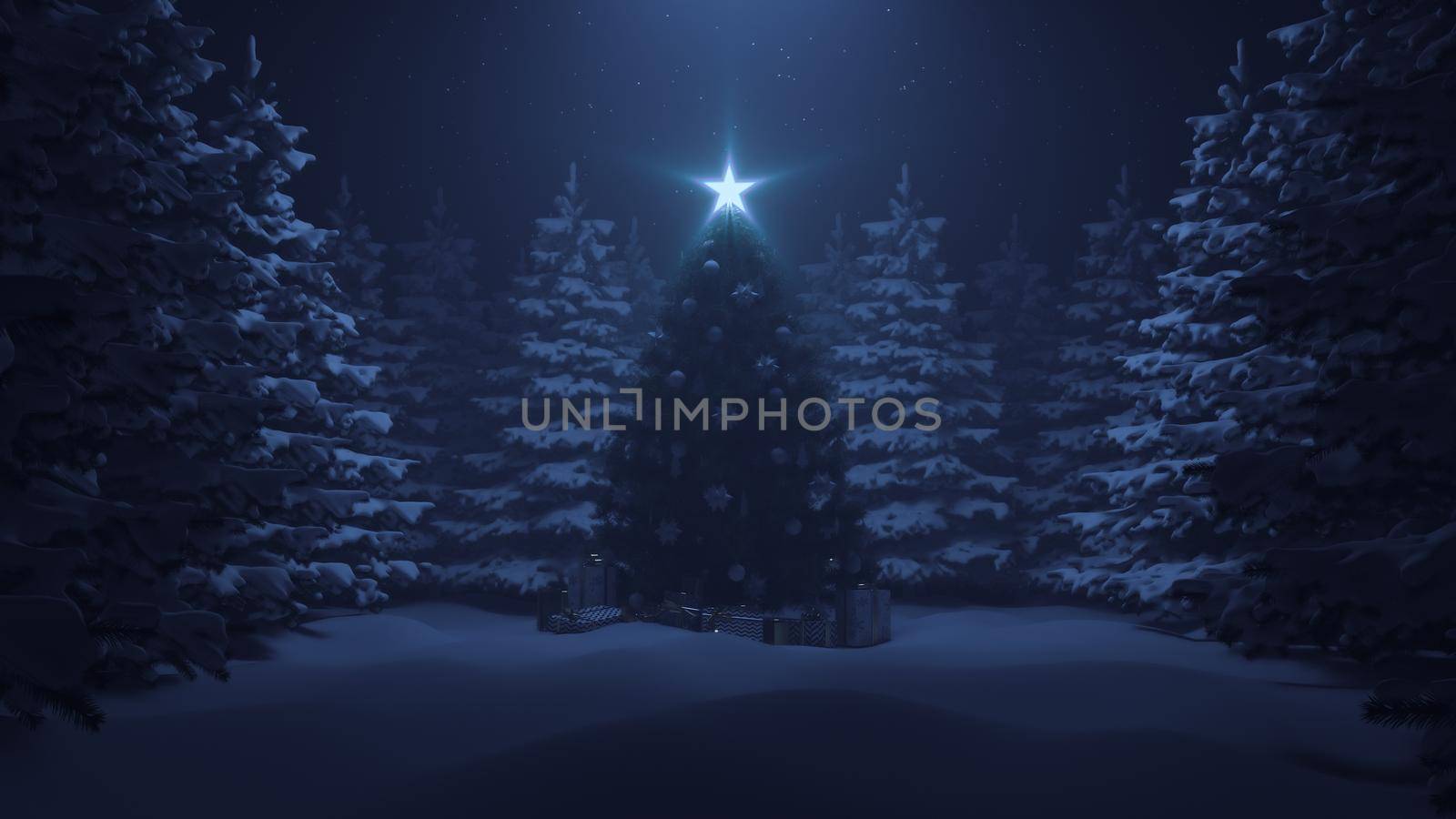 3d render Christmas tree with a shining star and a garland in the forest with falling snow by studiodav