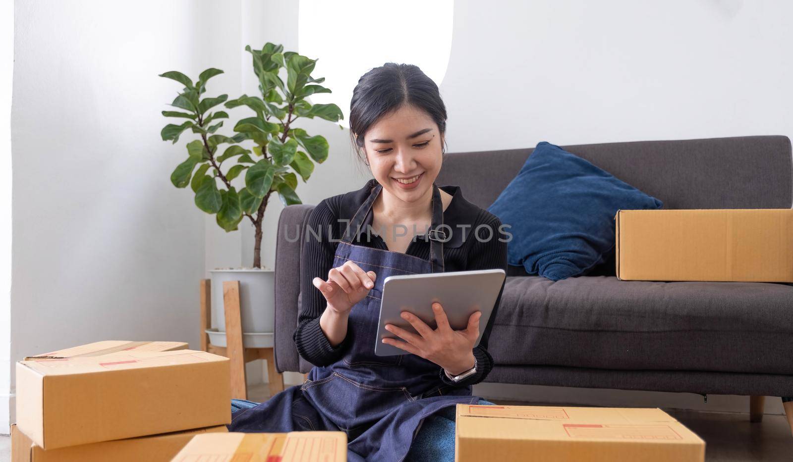 Starting small businesses SME owners female entrepreneurs Use a laptop or notebook to receive and review orders online to prepare to pack boxes, sell to customers, SME online business ideas..