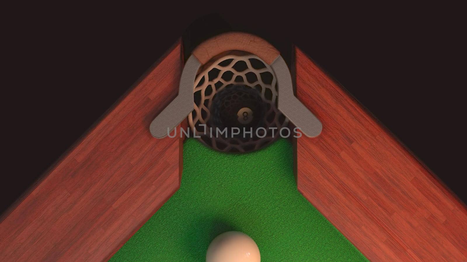 3d render billiard table from above blow on a black ball 8 it flies into the hole by studiodav