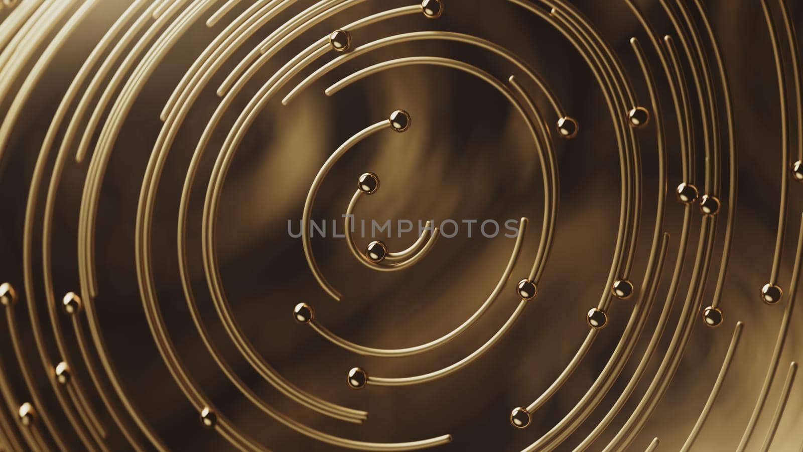 3d render Curly golden abstract in circle lines together with particles on blurred bokeh background in 4k