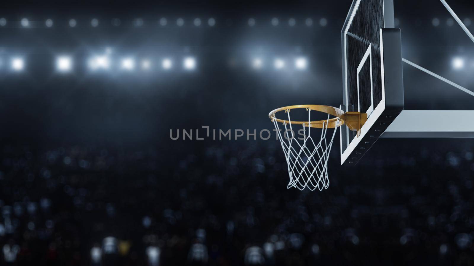 3d render Basketball hit the basket in slow motion on the background of flashes of cameras 4k