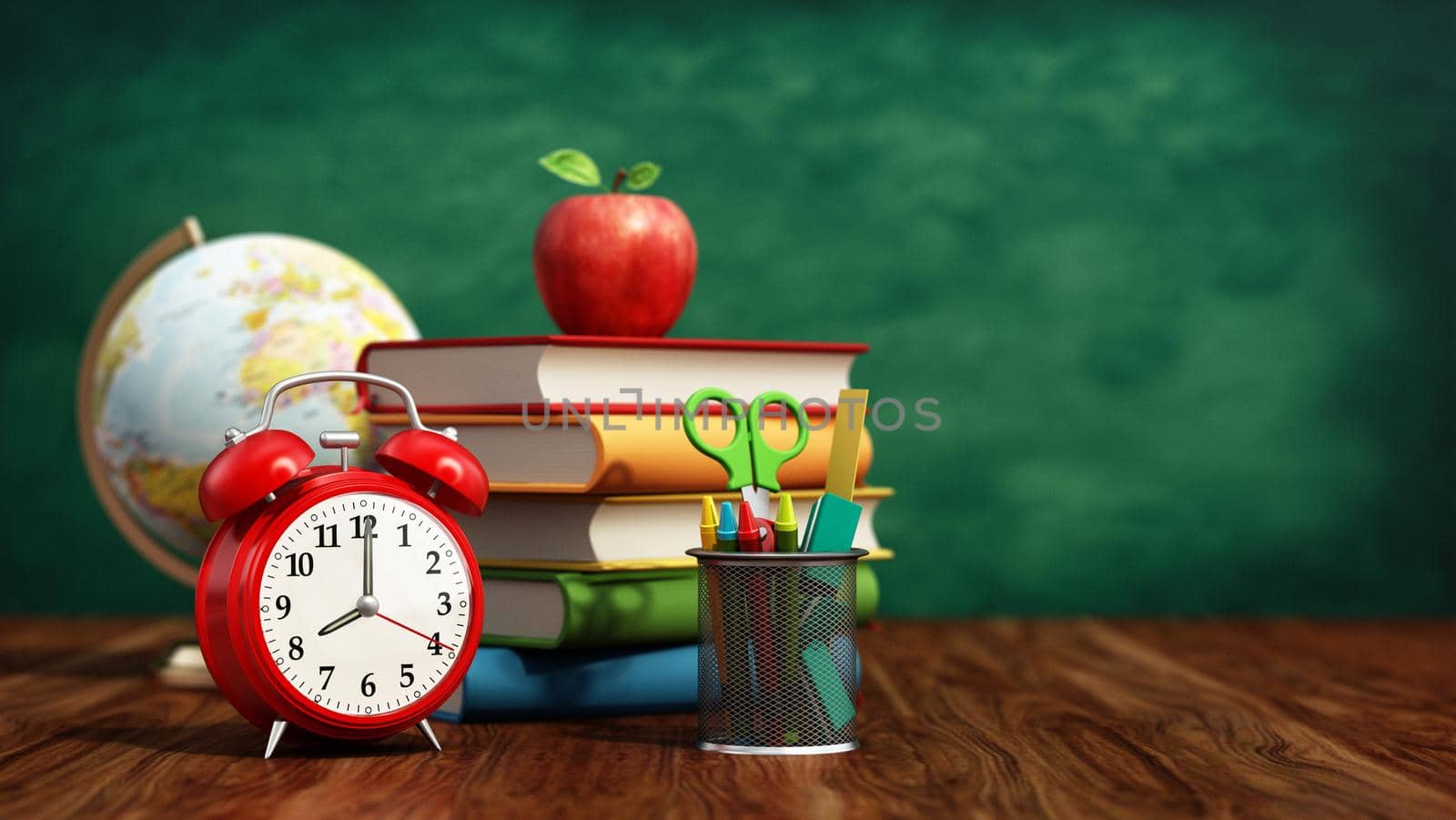 Red apple, books, pencil holder, model globe and alarm clock on green board. 3D illustration.