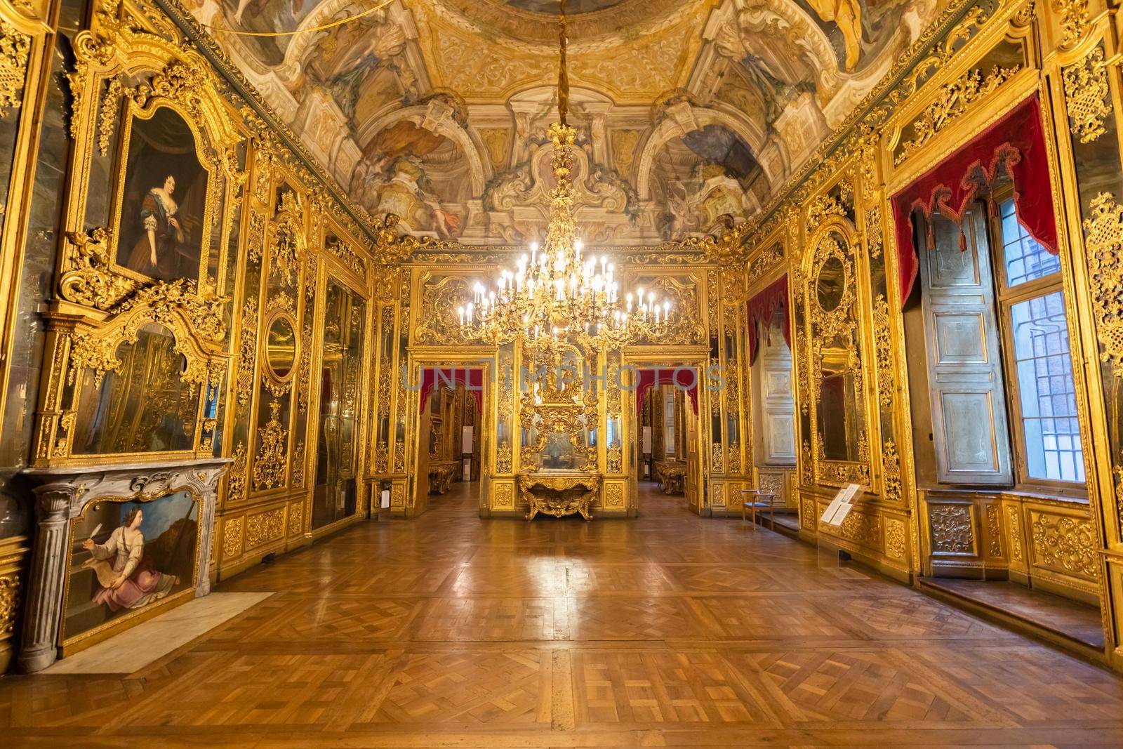 Turin, Italy - Circa January 2022: baroque old room interior in Carignano Palace