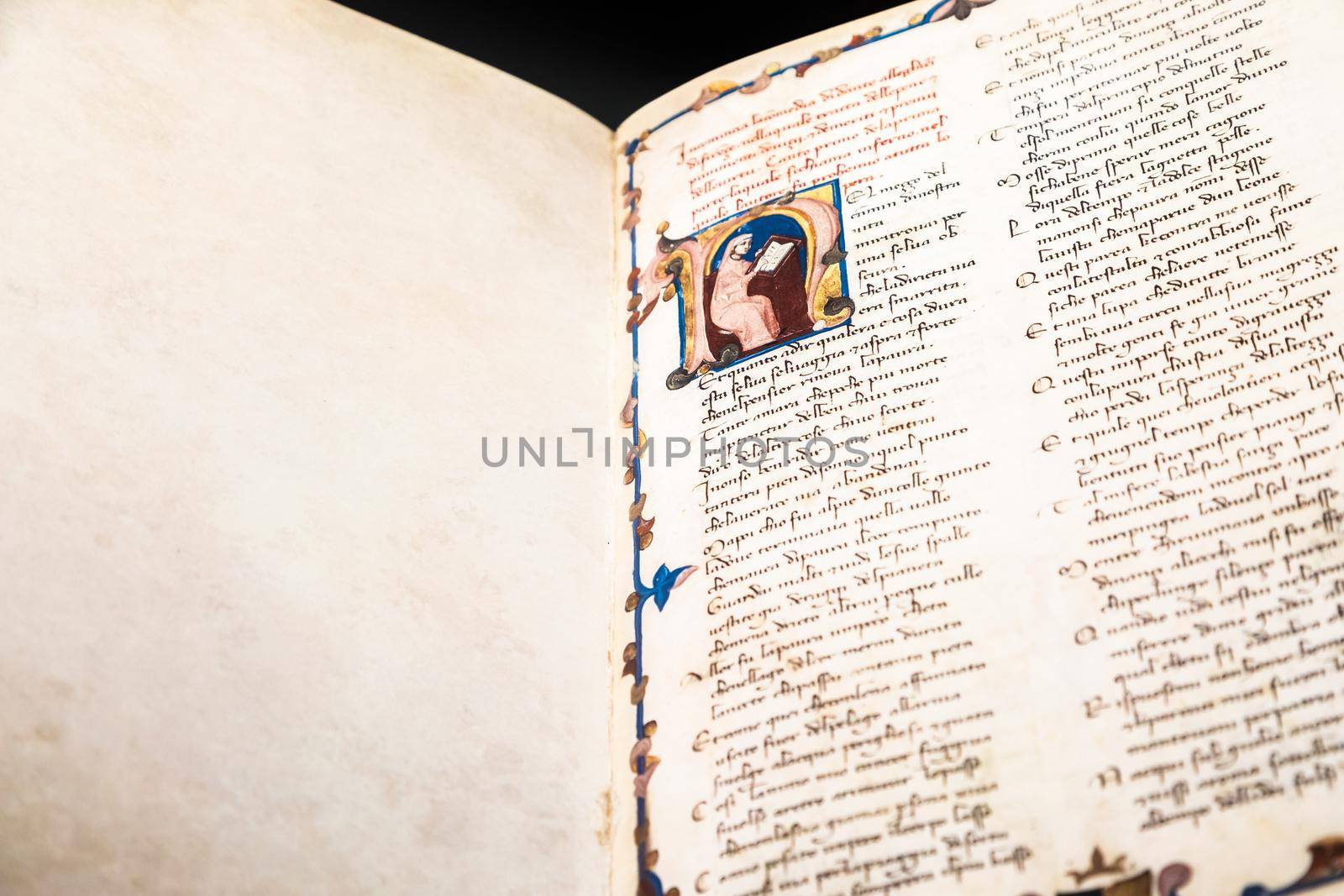 FLORENCE, ITALY - circa July 2021. Antique manuscript sheet from Dante Divine Comedy, 16th Century copy.
