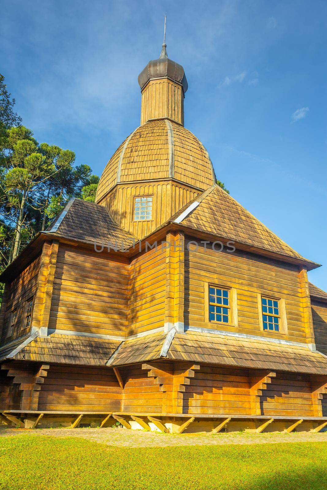 Wooden orthodox ukrainian church in Curitiba at sunrise, capital of Parana state, Brazil