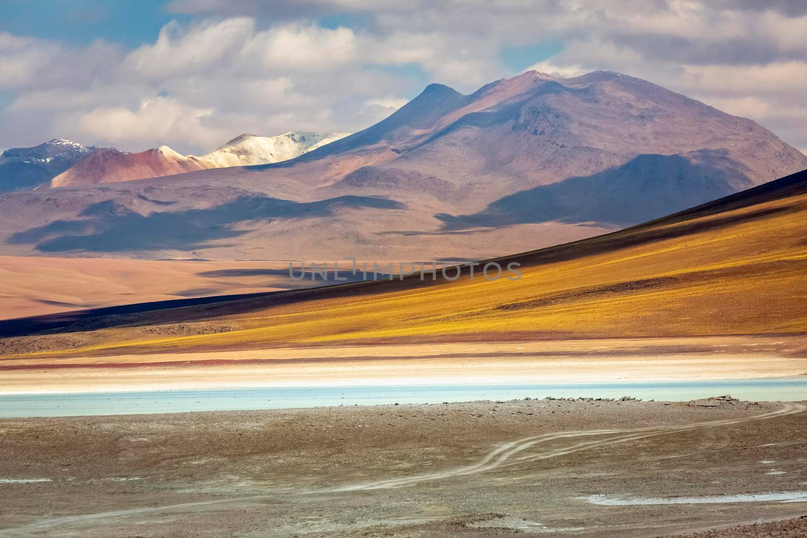 Laguna Blanca, white Lagoon at dramatic sky in Altiplano of Bolivia, South America