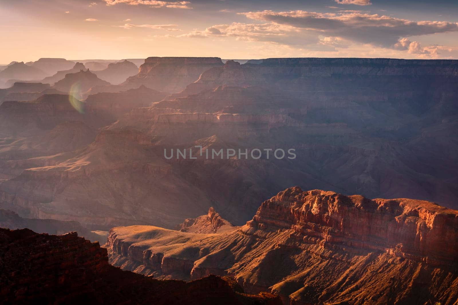 Grand Canyon south rim silhouette at golden sunset, Arizona, United States