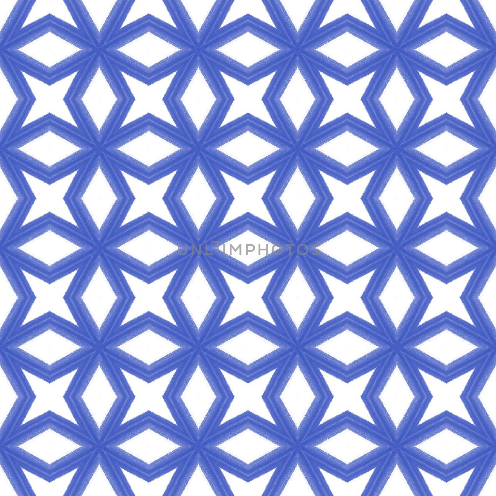 Ikat repeating swimwear design. Indigo symmetrical kaleidoscope background. Textile ready fantastic print, swimwear fabric, wallpaper, wrapping. Summer ikat sweamwear pattern.