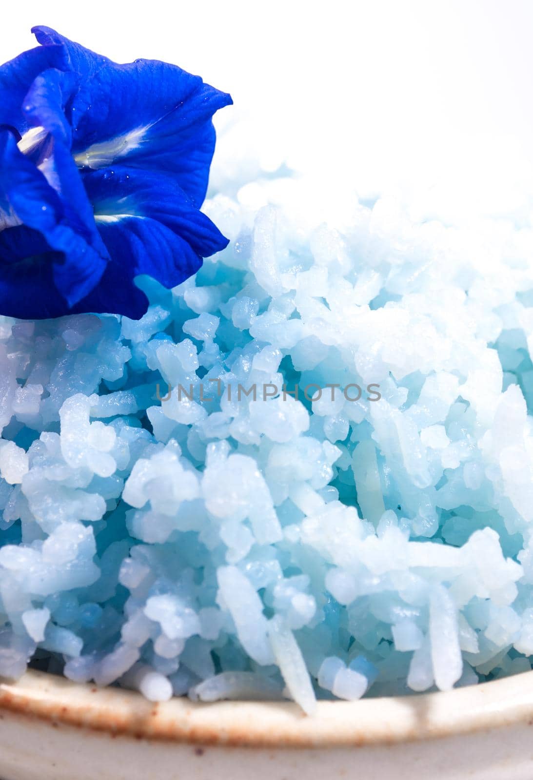 Blue color cooked rice by color of butterfly pea flower