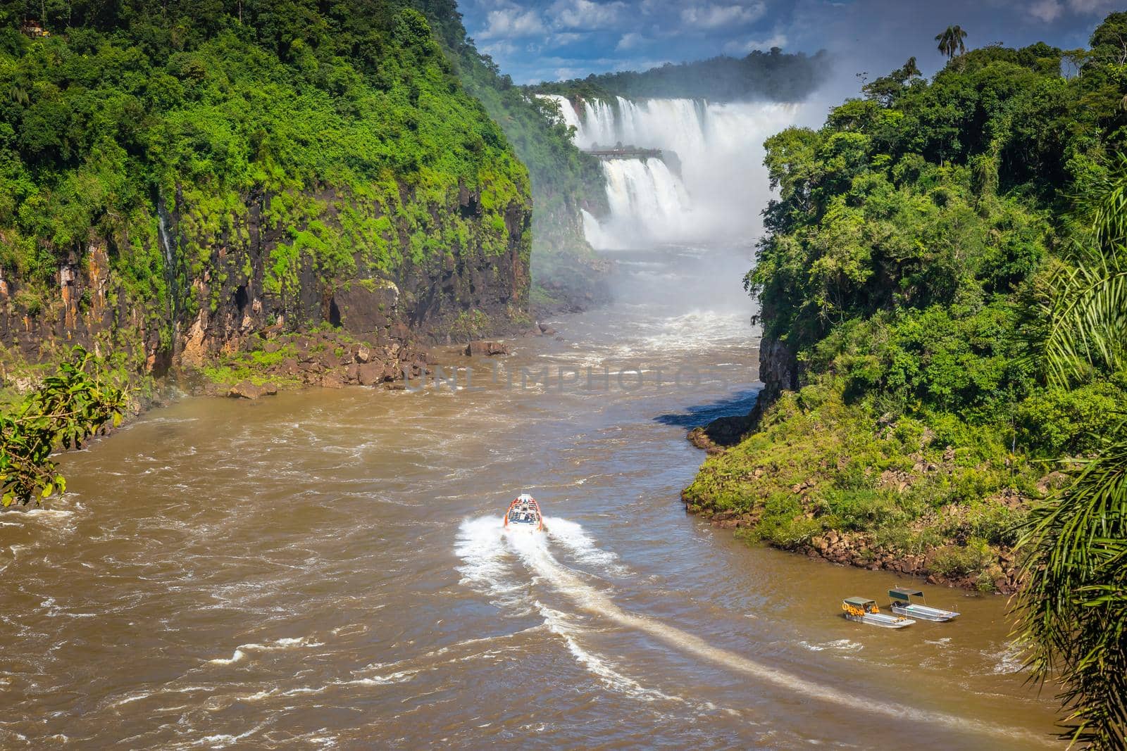 Speed boat on the Iguazu river at the Iguazu Falls, view from above, Argentine side