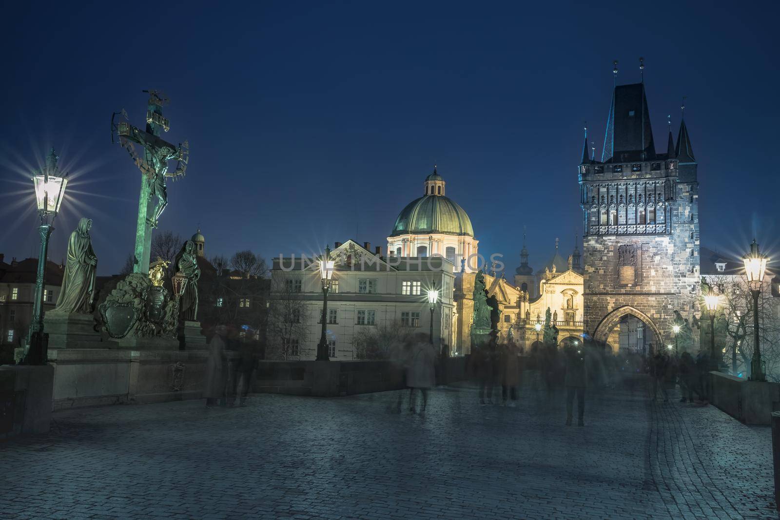 Charles bridge illuminated at night, Prague old town, Czech Republic