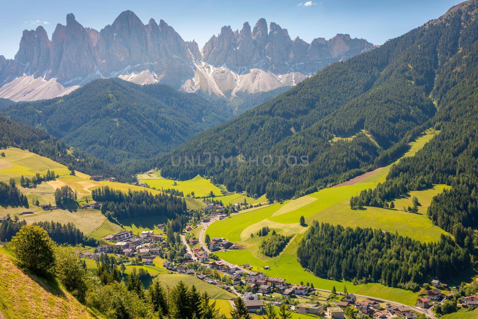 Val di Funes neat St. Magdalena, Dolomites alps in Northern Italy, Idyllic landscape