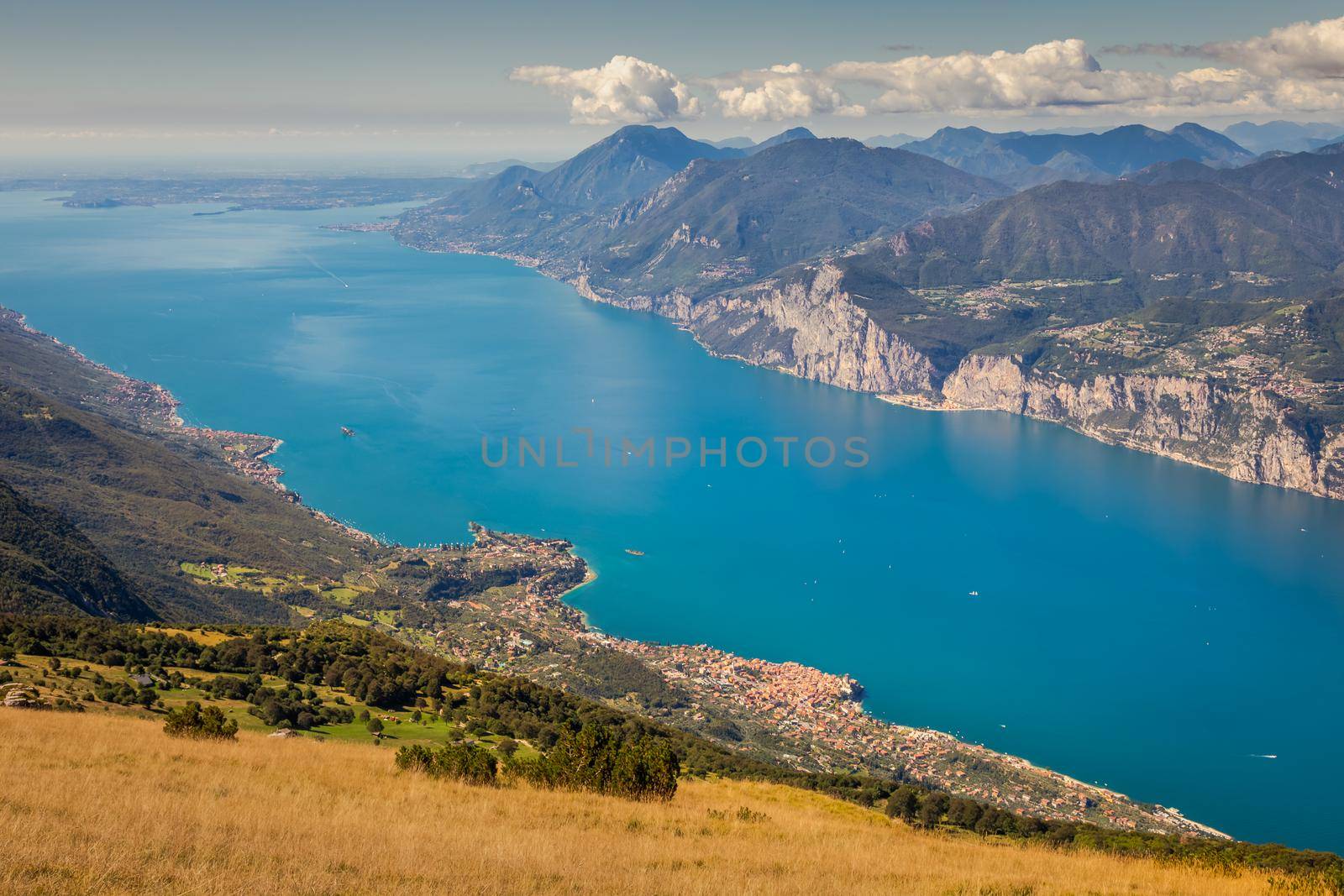 Above idyllic and turquoise Lake Garda from Monte Baldo, Malcesine, Northern Italy