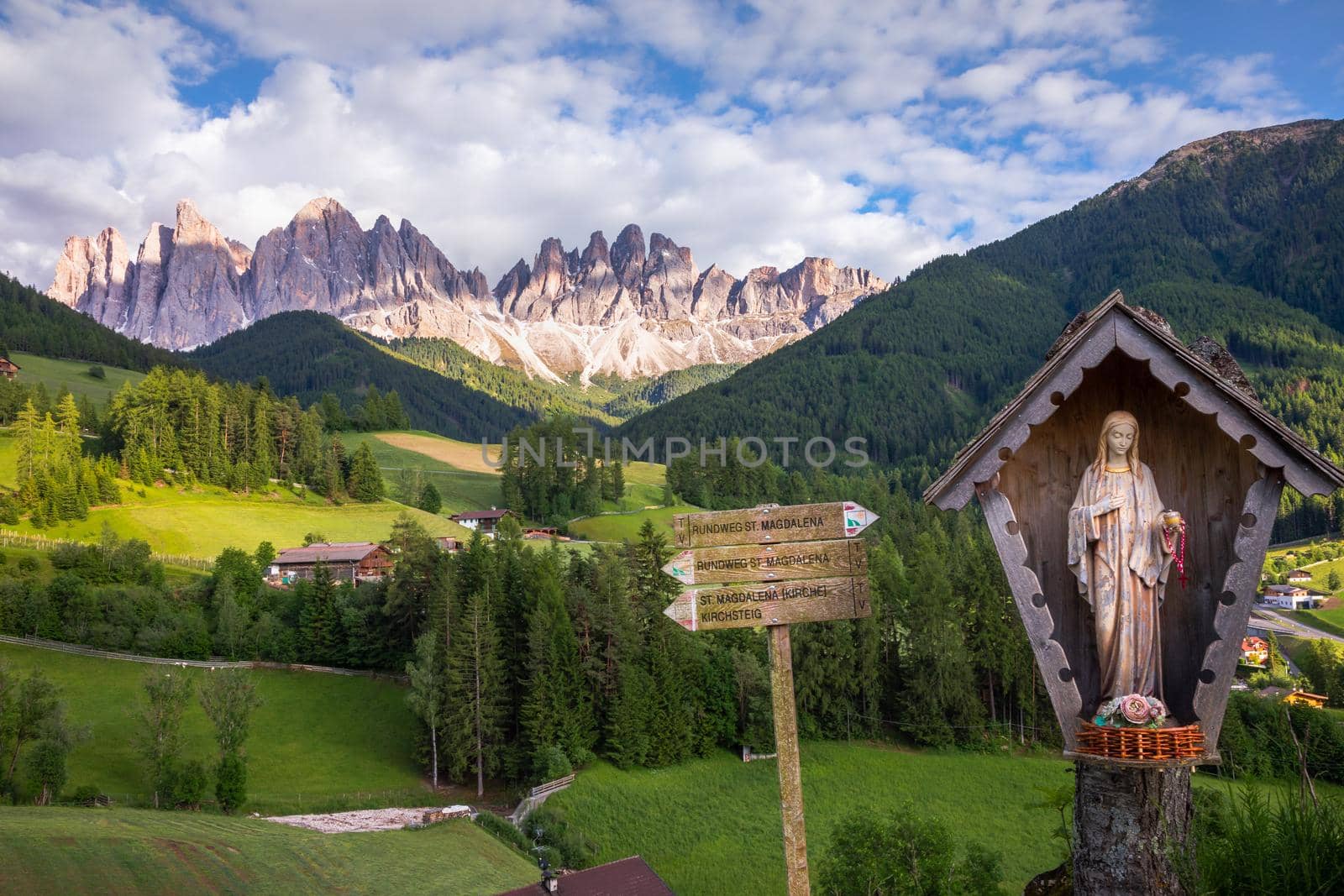 Chapel of St. Magdalena in idyllic Funes Valley, Dolomites alps in Northern Italy