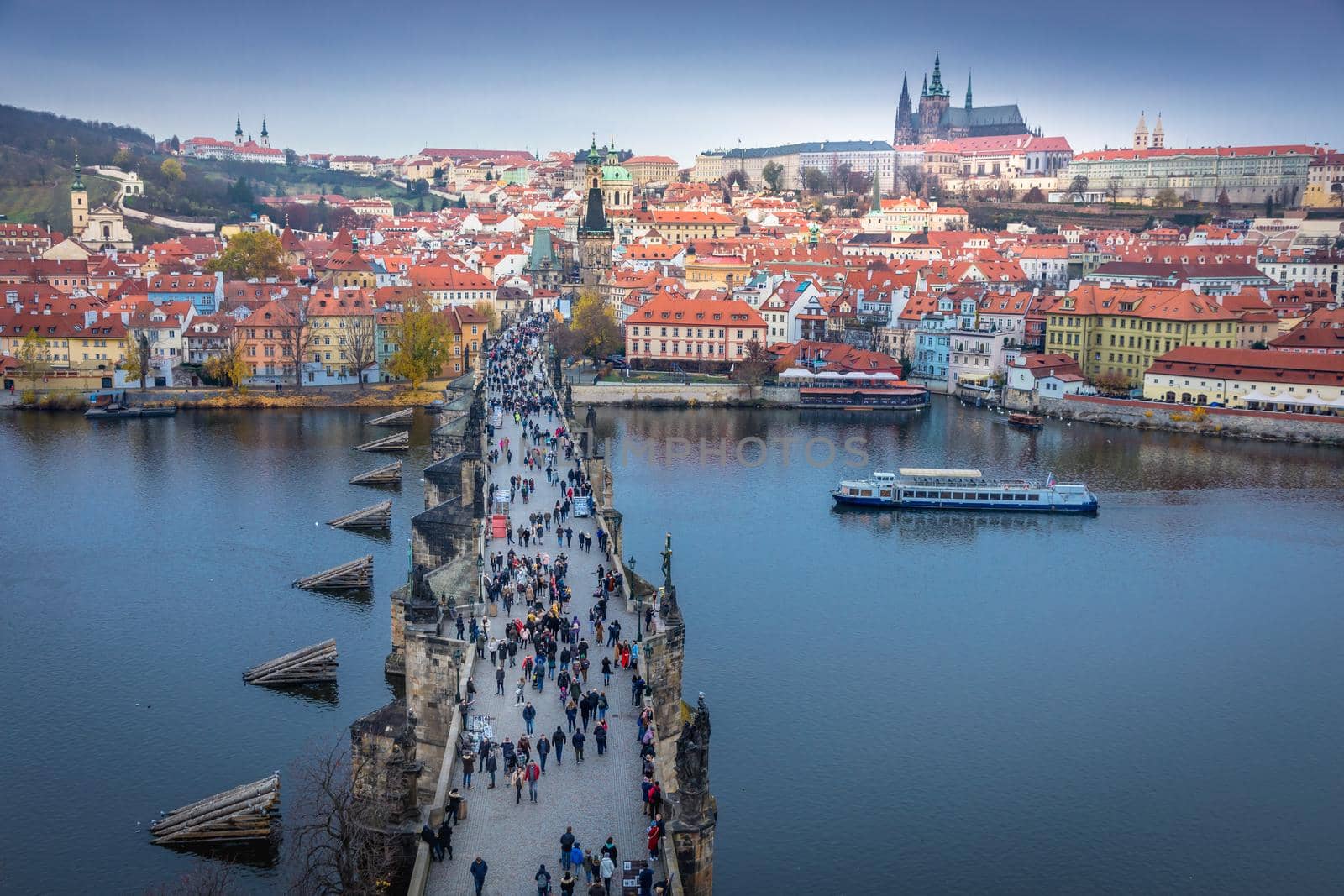Charles bridge in Prague old town at dusk, Czech Republic