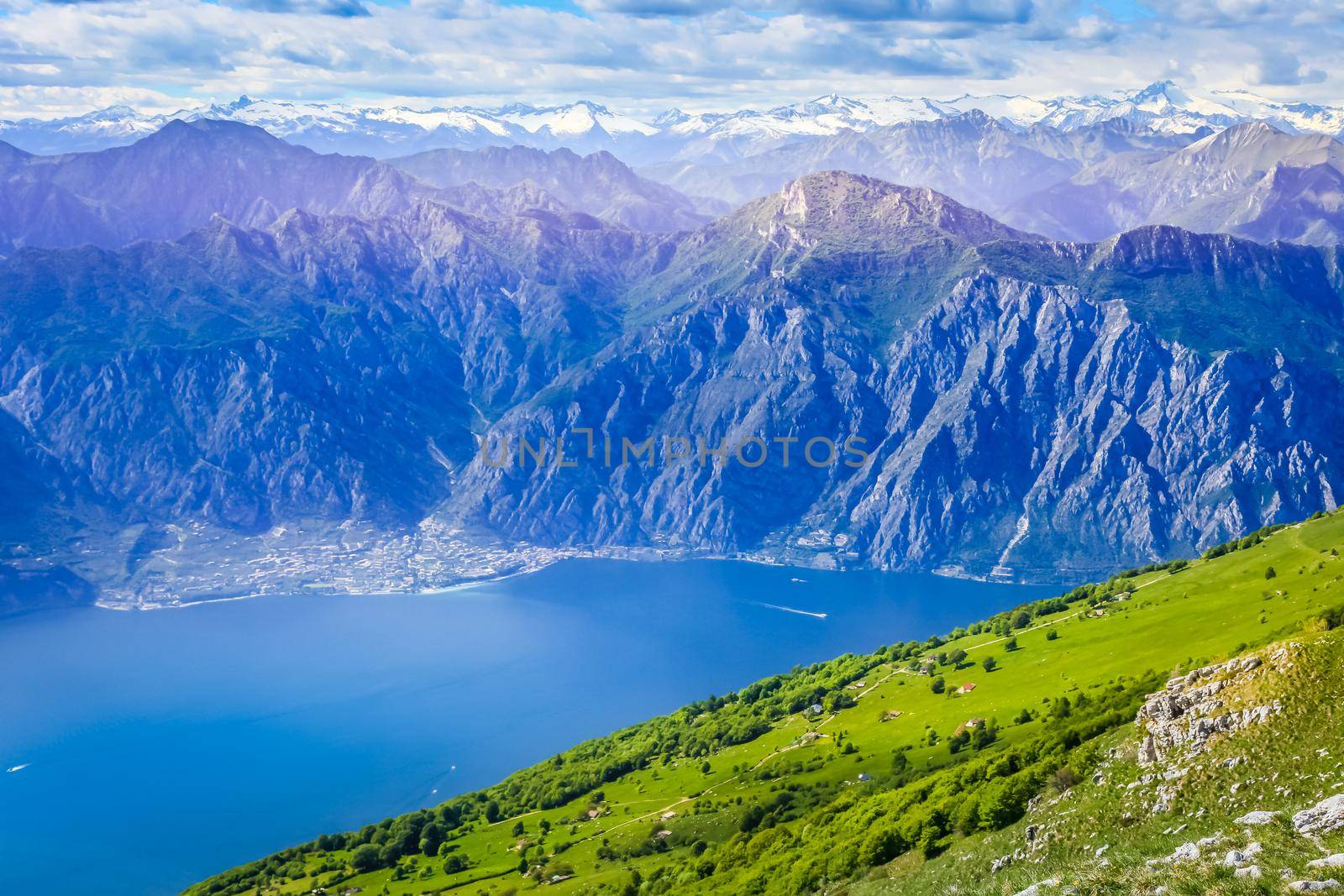 Above idyllic and turquoise Lake Garda from Monte Baldo, Malcesine, Northern Italy