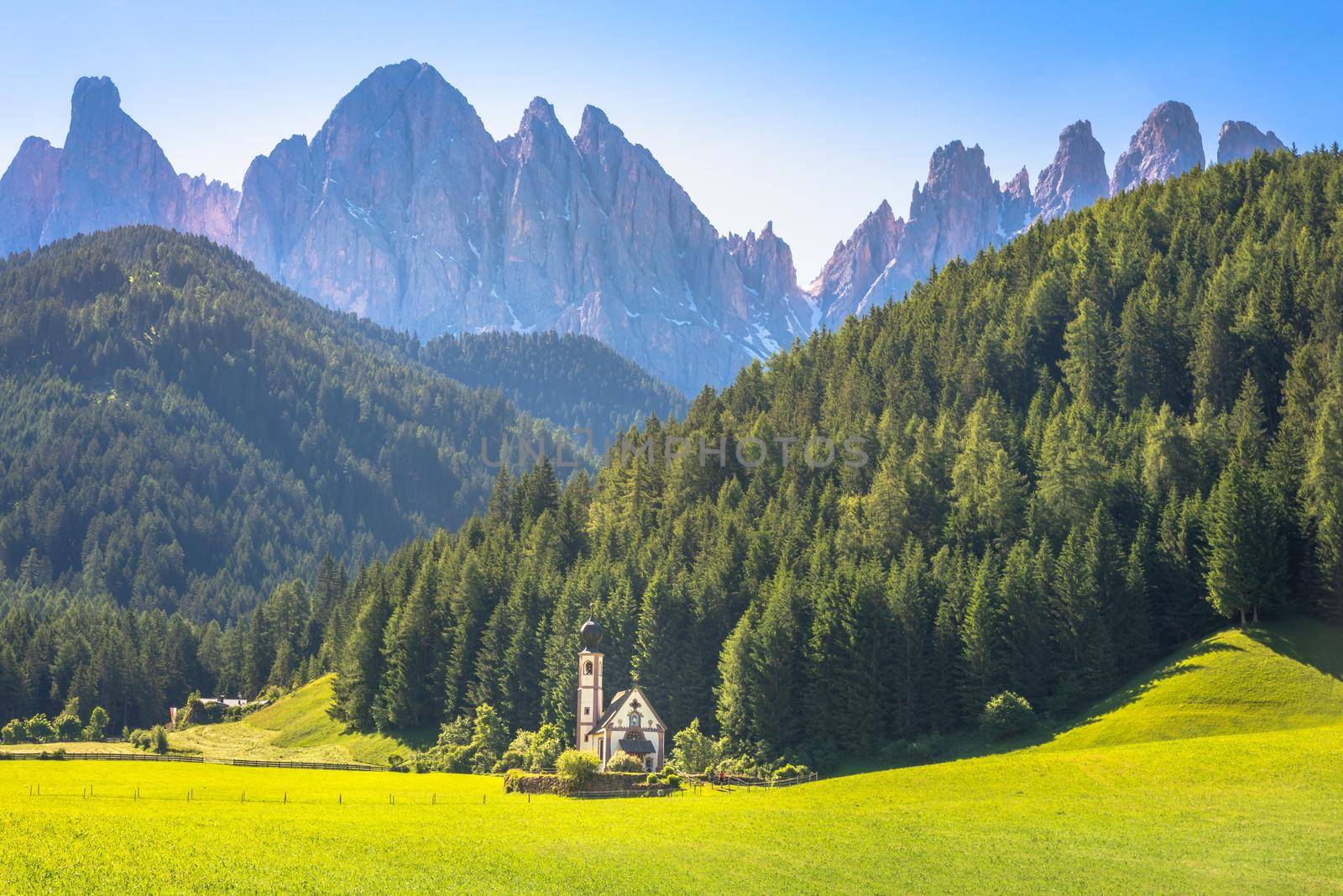 St Johann Church in idyllic Santa Maddalena, Dolomites, Northern Italy