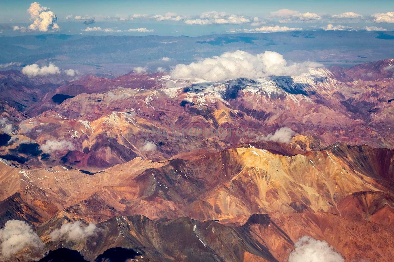 Andes cordillera and Atacama aerial view, dramatic landscapes with exotic volcanoes, Chile, Argentina and Bolivia borders, South America