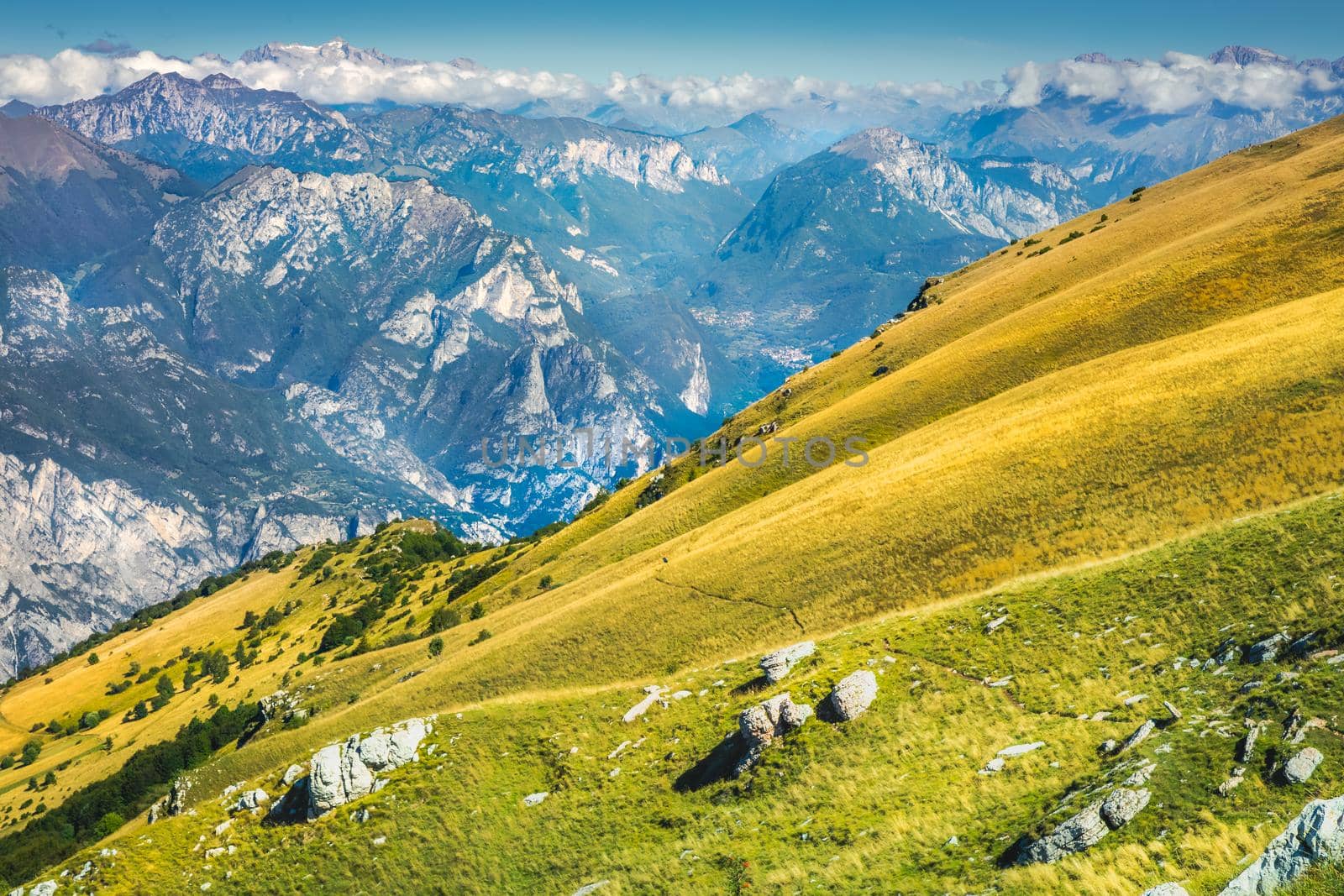 Italian Dolomites alps from above idyllic Monte Baldo, Malcesine, Northern Italy