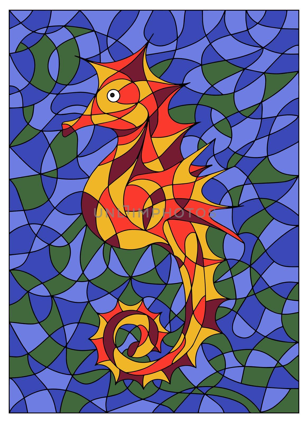 Colored Illustration in stained glass style with abstract Seahorse. Abstract Seahorse Illustration.