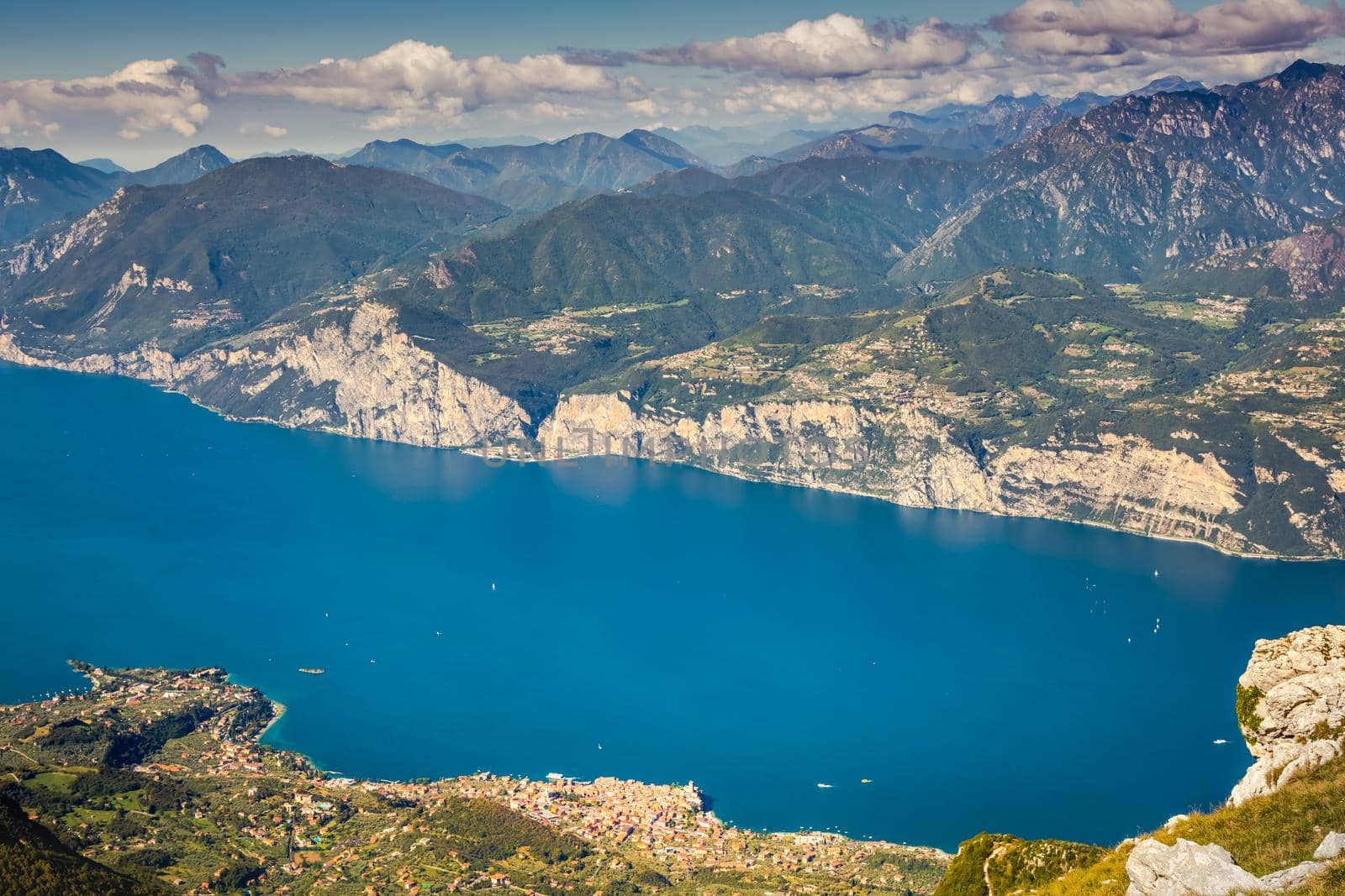 Above idyllic and turquoise Lake Garda from Monte Baldo, Malcesine, Northern Italy