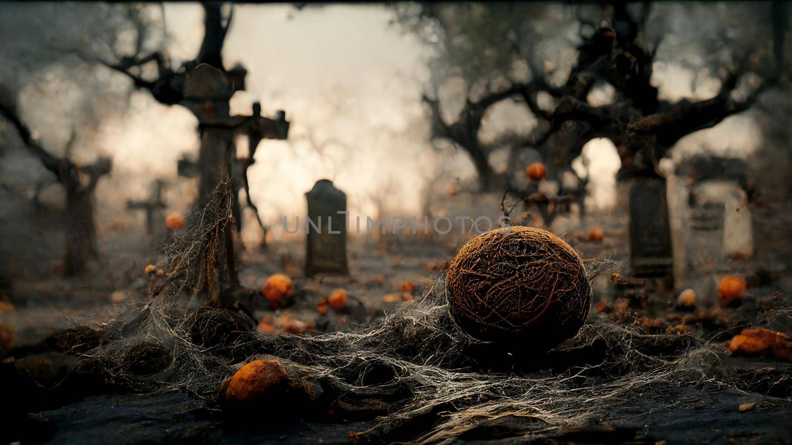 Halloween background. Spooky forest pumpkin in graveyard. by kaisorn