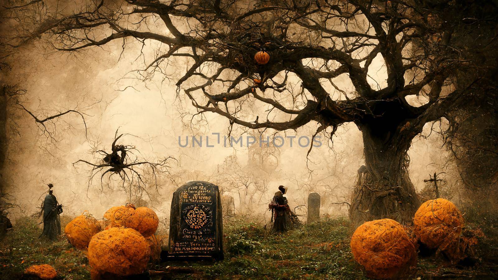 Halloween background. Spooky forest pumpkin in graveyard. by kaisorn