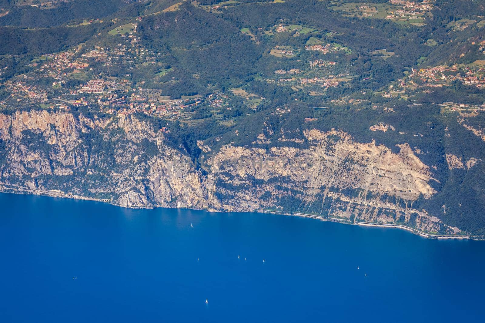 Above idyllic and turquoise Lake Garda from Monte Baldo, Malcesine, Northern Italy