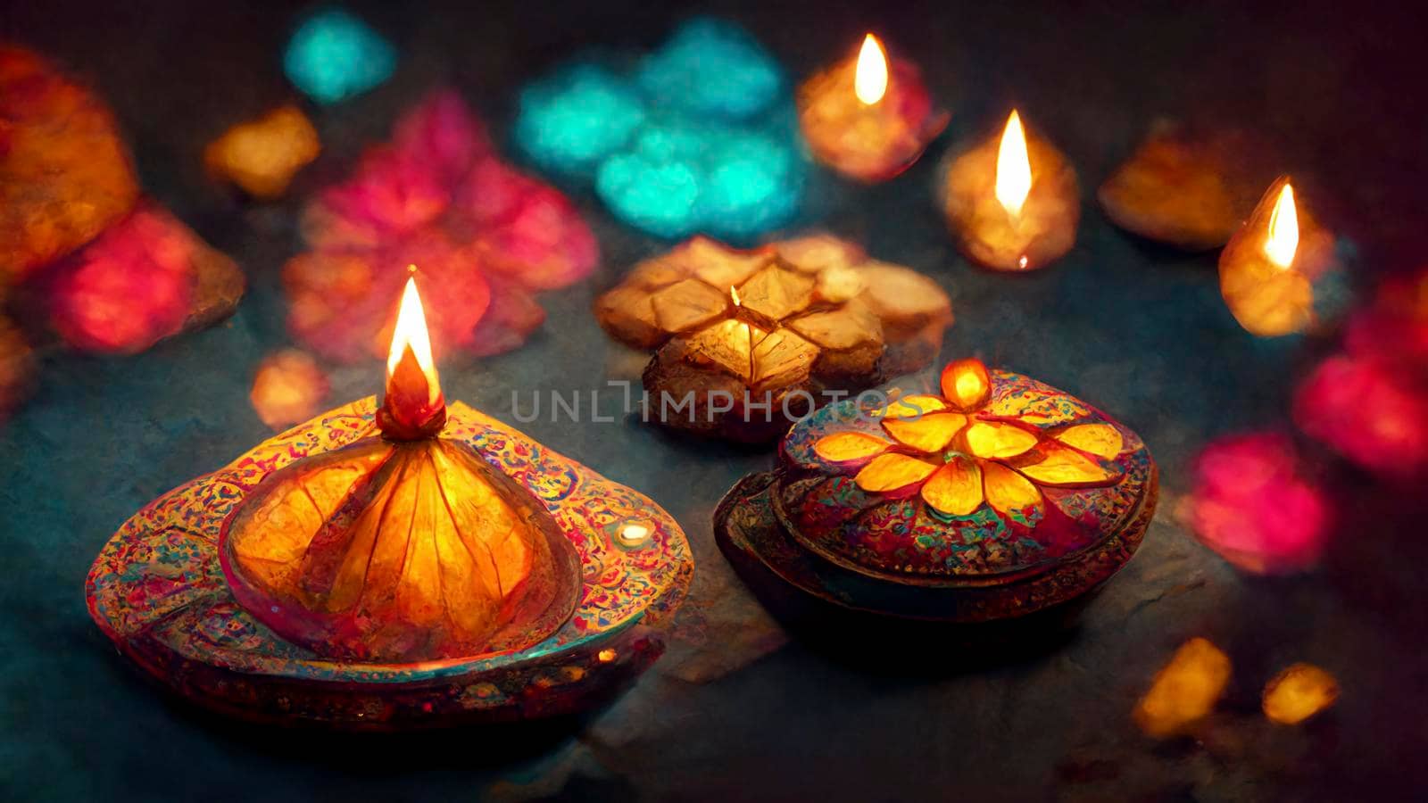 happy diwali indian festival. diwali background with candles. Diwali lanterns realistic background with candles and blurred lights.