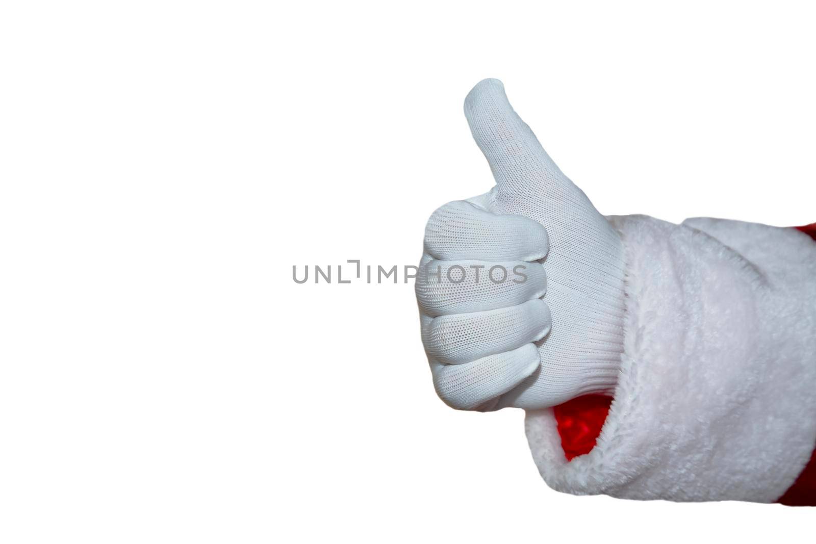 A hand in a Santa Claus glove on a white background. Holiday, positive. Thumbs up, hand gesture. New Year, Christmas, Isolate.