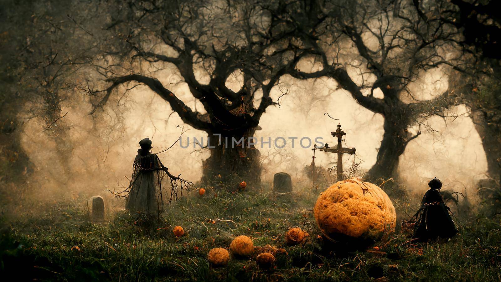 Halloween background. Spooky forest pumpkin in graveyard. by kaisorn