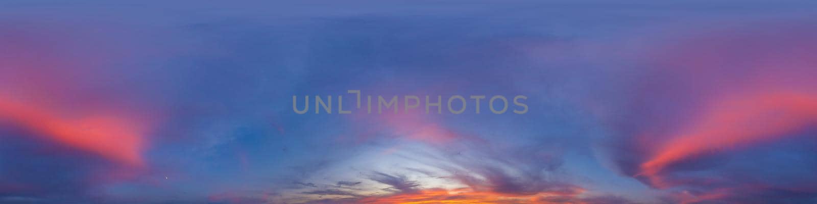 Dark blue sunset sky panorama with pink Cumulus clouds. Seamless hdr 360 pano in spherical equirectangular format. Full zenith for 3D visualization, game, sky replacement for aerial drone panoramas