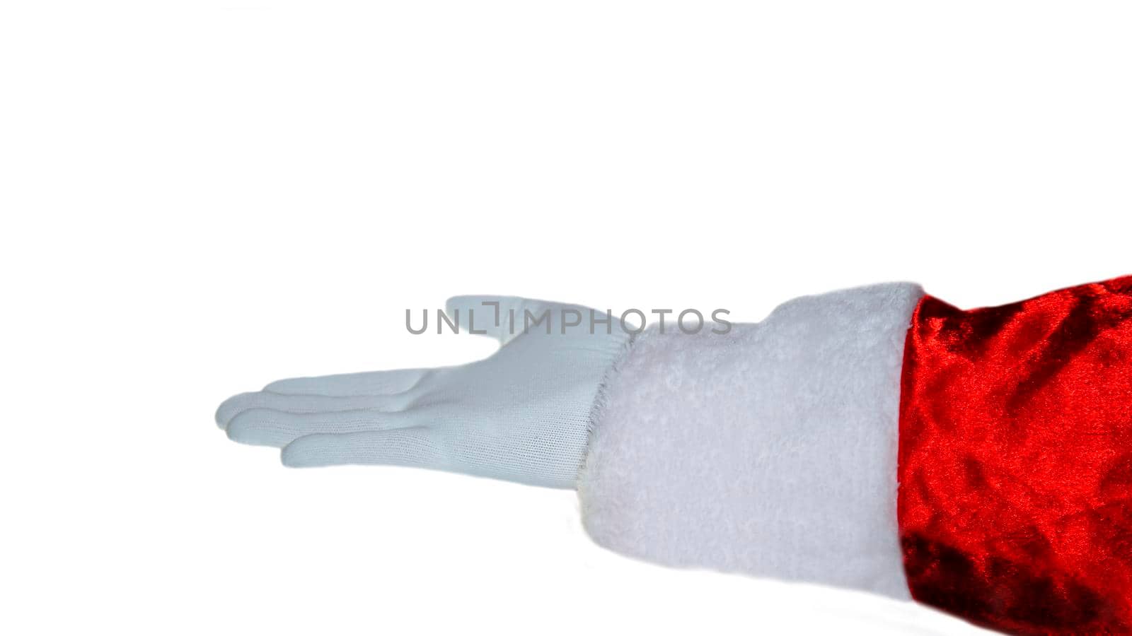 A hand in a Santa Claus glove on a white background. A hand gesture. New Year, Christmas. Gestures. Holiday, positive. Isolate.
