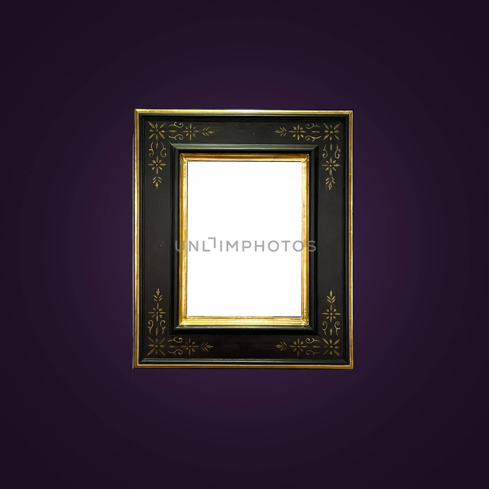 Antique art fair gallery frame on royal purple wall at auction house or museum exhibition, blank template with empty white copyspace for mockup design, artwork by Anneleven