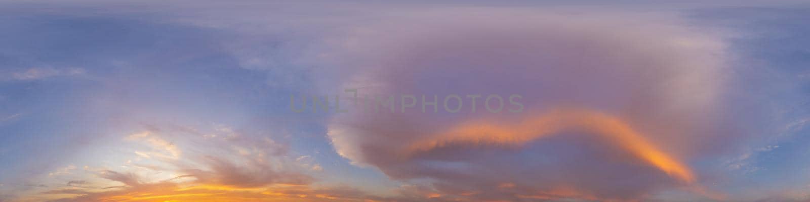 Dark blue sunset sky panorama with pink Cumulus clouds. Seamless hdr 360 pano in spherical equirectangular format. Full zenith for 3D visualization, game, sky replacement for aerial drone panoramas