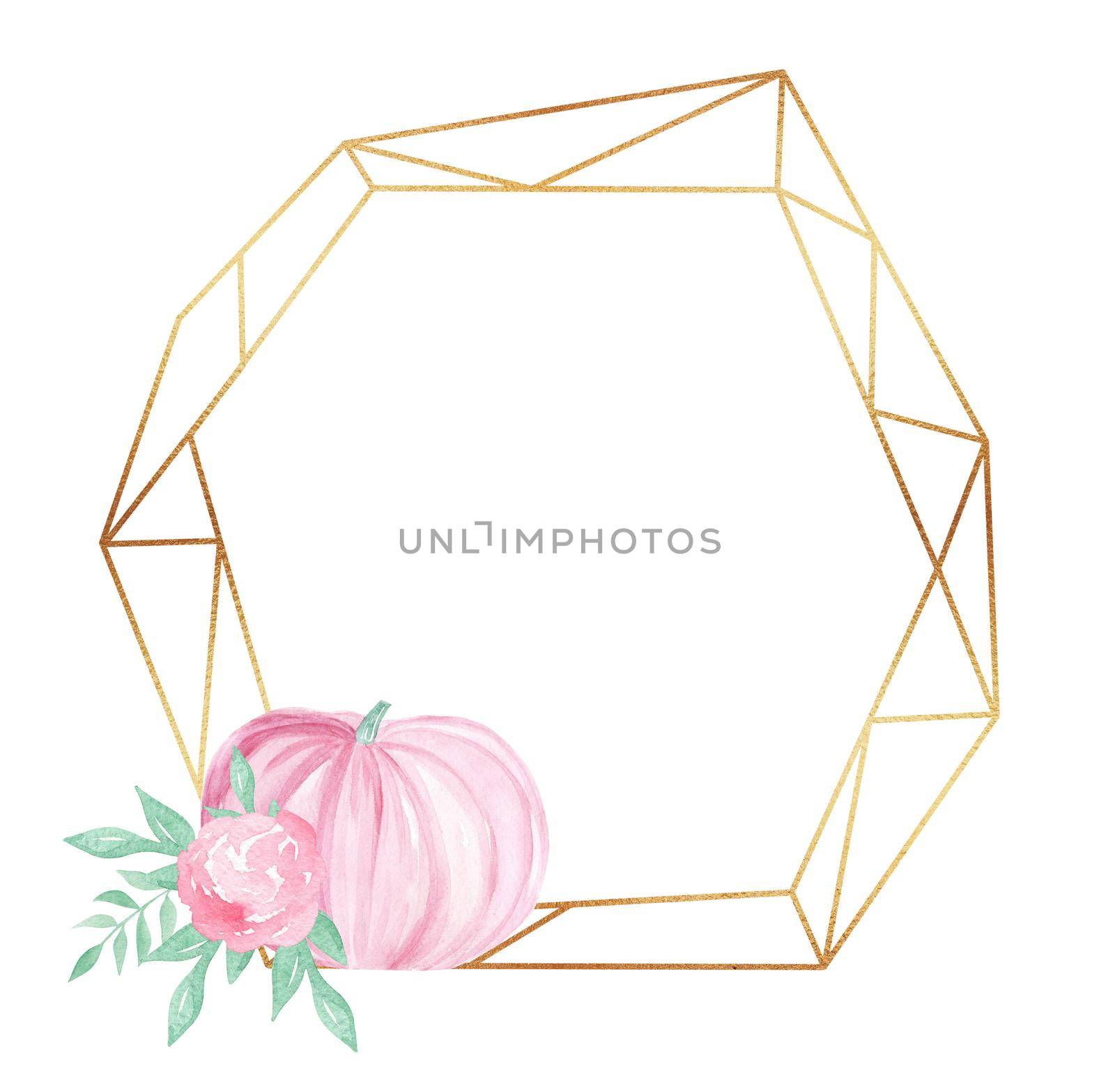 Gold polygonal frame with pink pumpkin isolated on white background. Thanksgiving day border. Baby shower invitation template