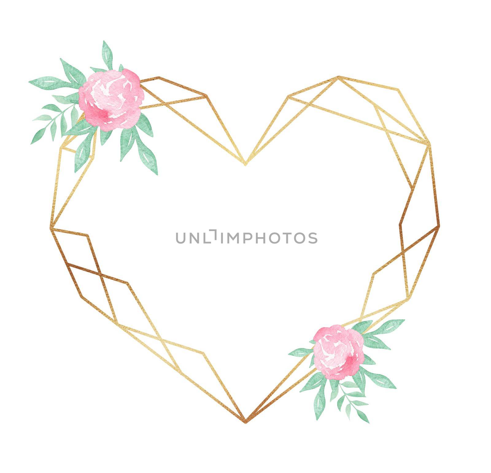 Gold polygonal heart frame with pink flowers isolated on white background by dreamloud