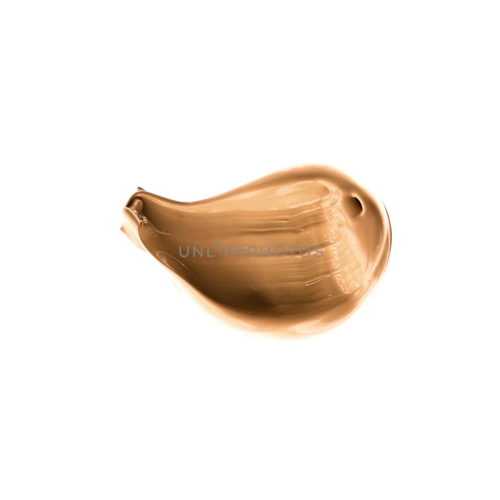 Make-up base foundation brush stroke isolated on white background, flatlay - cosmetic products, beauty texture background concept. Beige is always a good idea